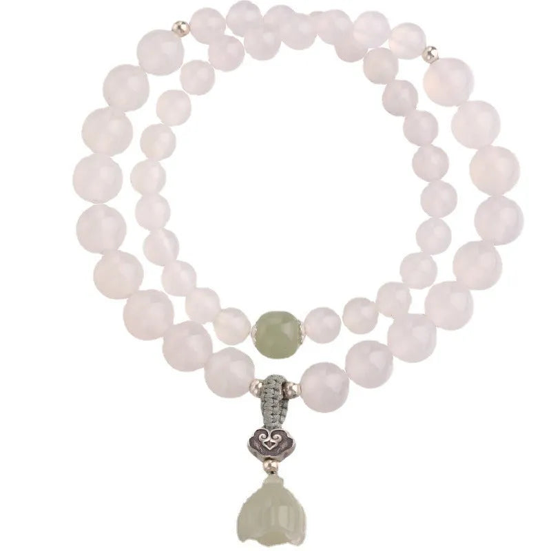 Women's S925 silver and white agate Hetian jade bracelet with geometric lotus pattern