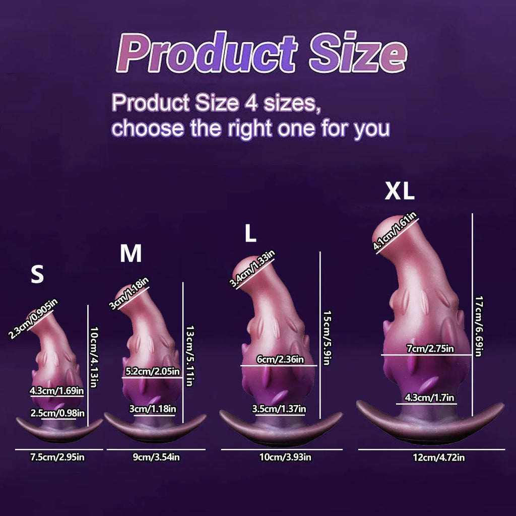 Unisex liquid silicone masturbator in black, gold, or purple colour, showing size options S, M, L, XL.