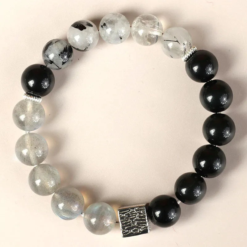 Khaki crystal couple bracelets with 10mm geometric beads in Chinese style design