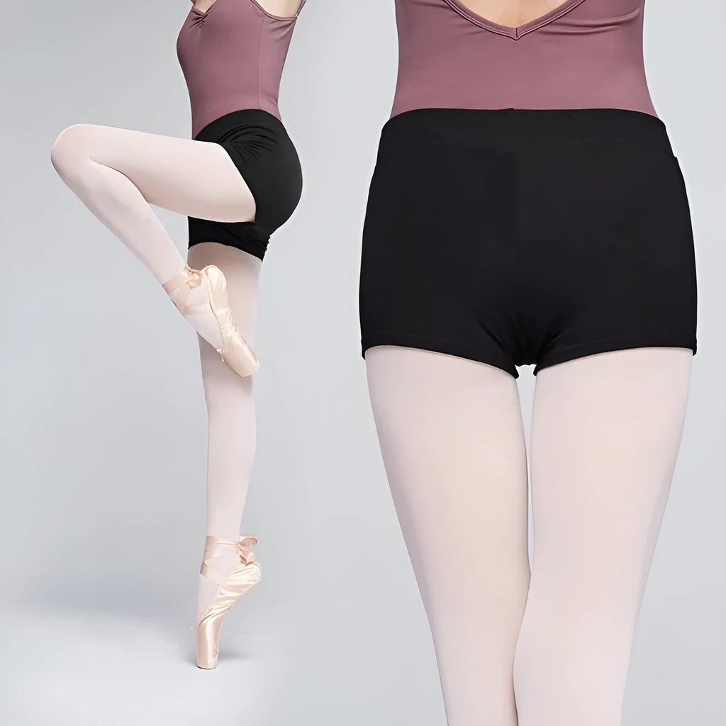 Black cotton women's dance practice shorts for ballet and fitness.