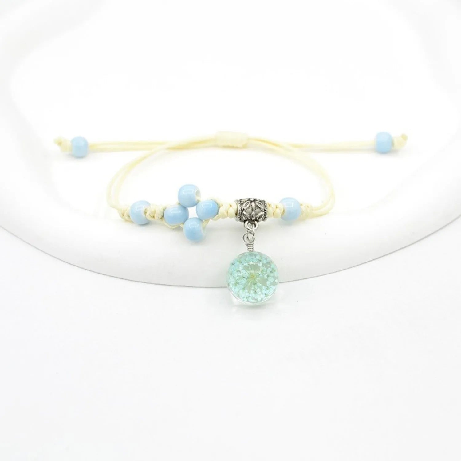 Hand-woven glass bracelet with real dried flowers inside large 1.4cm colored beads for women