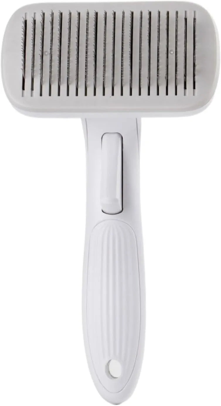 Automatic pet hair removal comb in blue, grey, green, or pink colours for dogs and cats