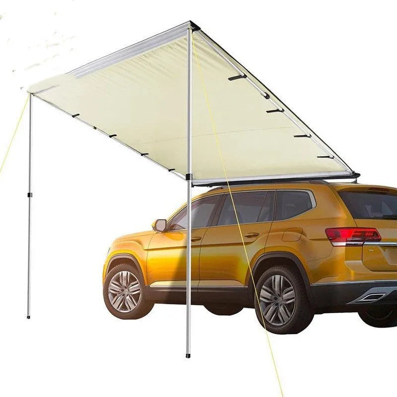 Camouflage car sunshade tent with aluminium poles set up outdoors, showing two-room interior.