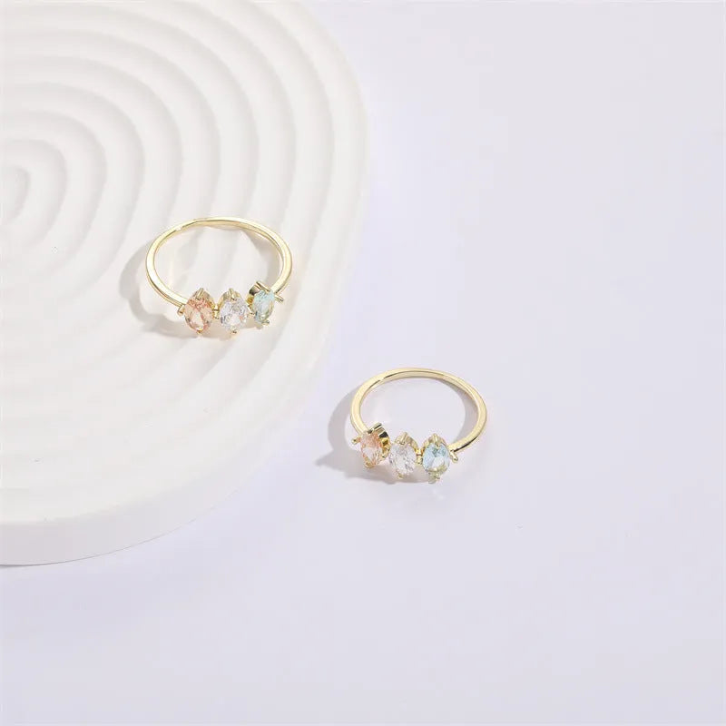Geometric triangular copper ring with horse eye tricolor zircon birthstone in 14k real gold colour