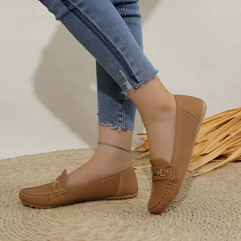 Women's flat casual shoes in artificial PU available in white, black, and khaki.