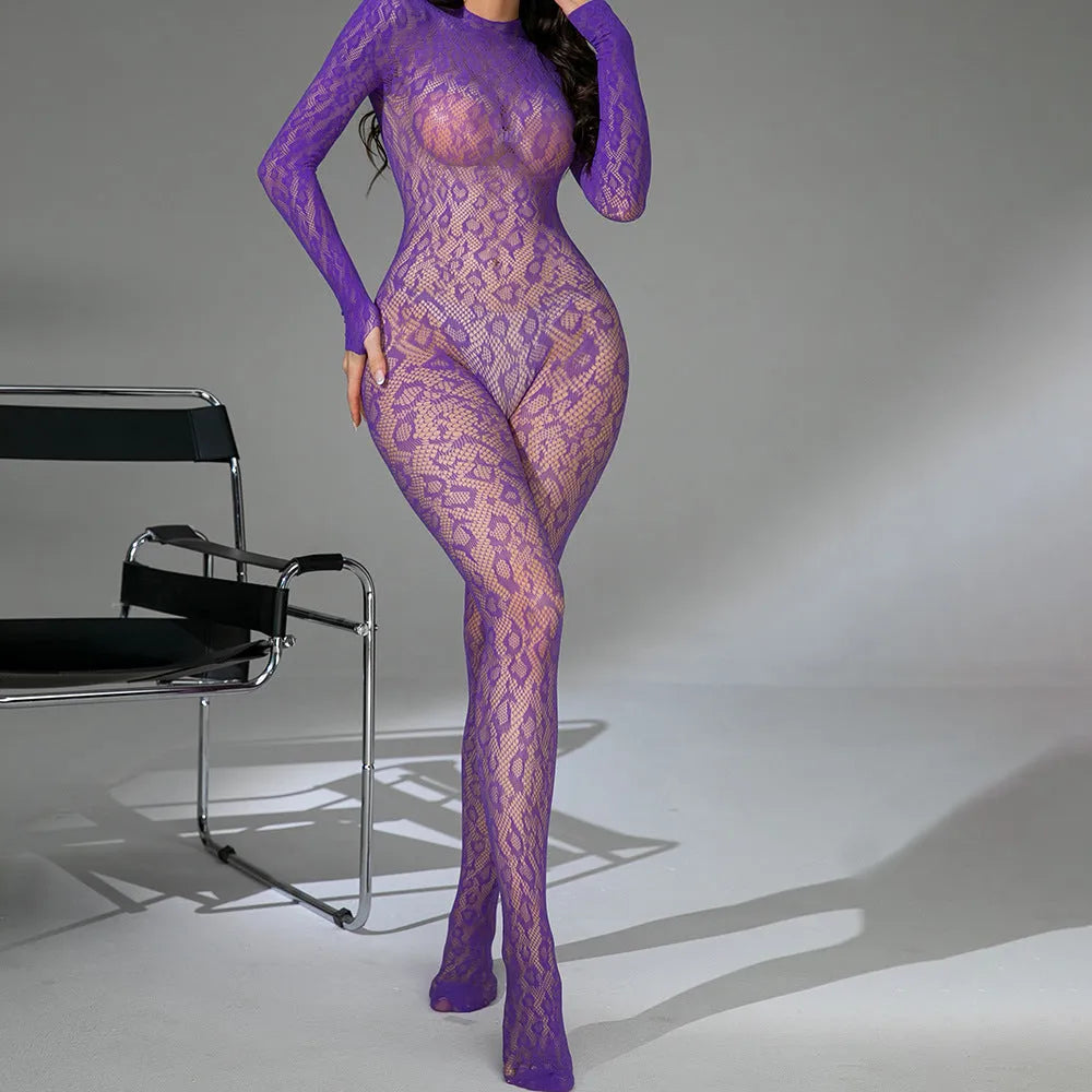Women's black fishnet lingerie bodysuit with Jacquard detailing, long sleeves, and backless design