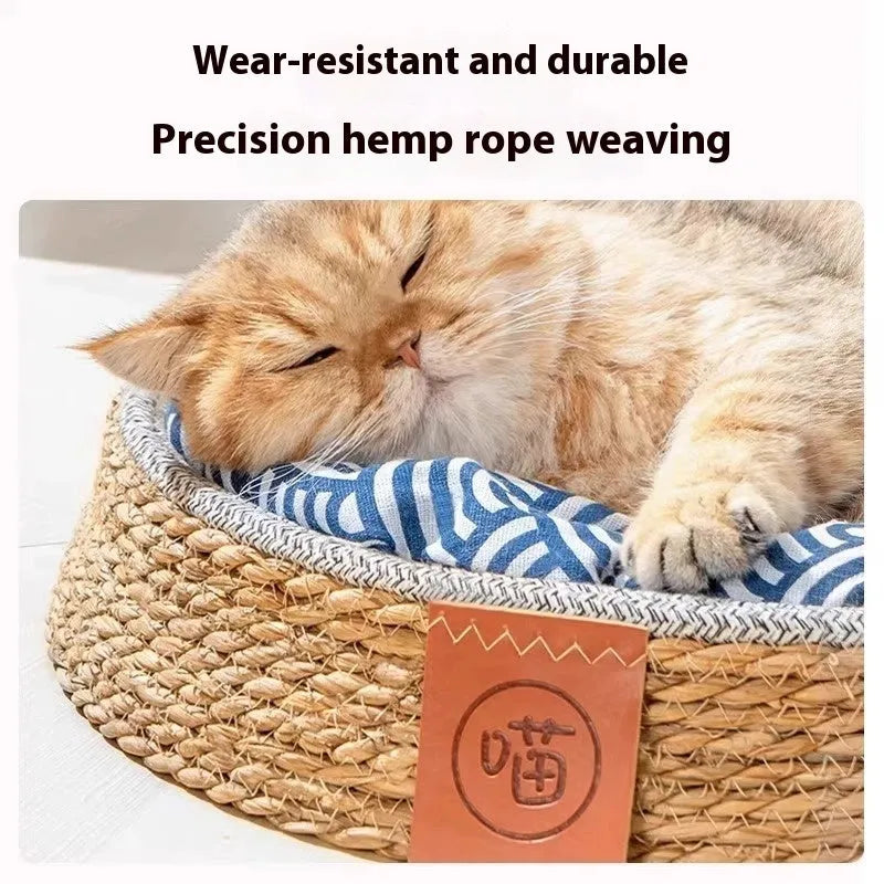 Round rattan cat bed or nest for pets, shown in one of four available sizes.