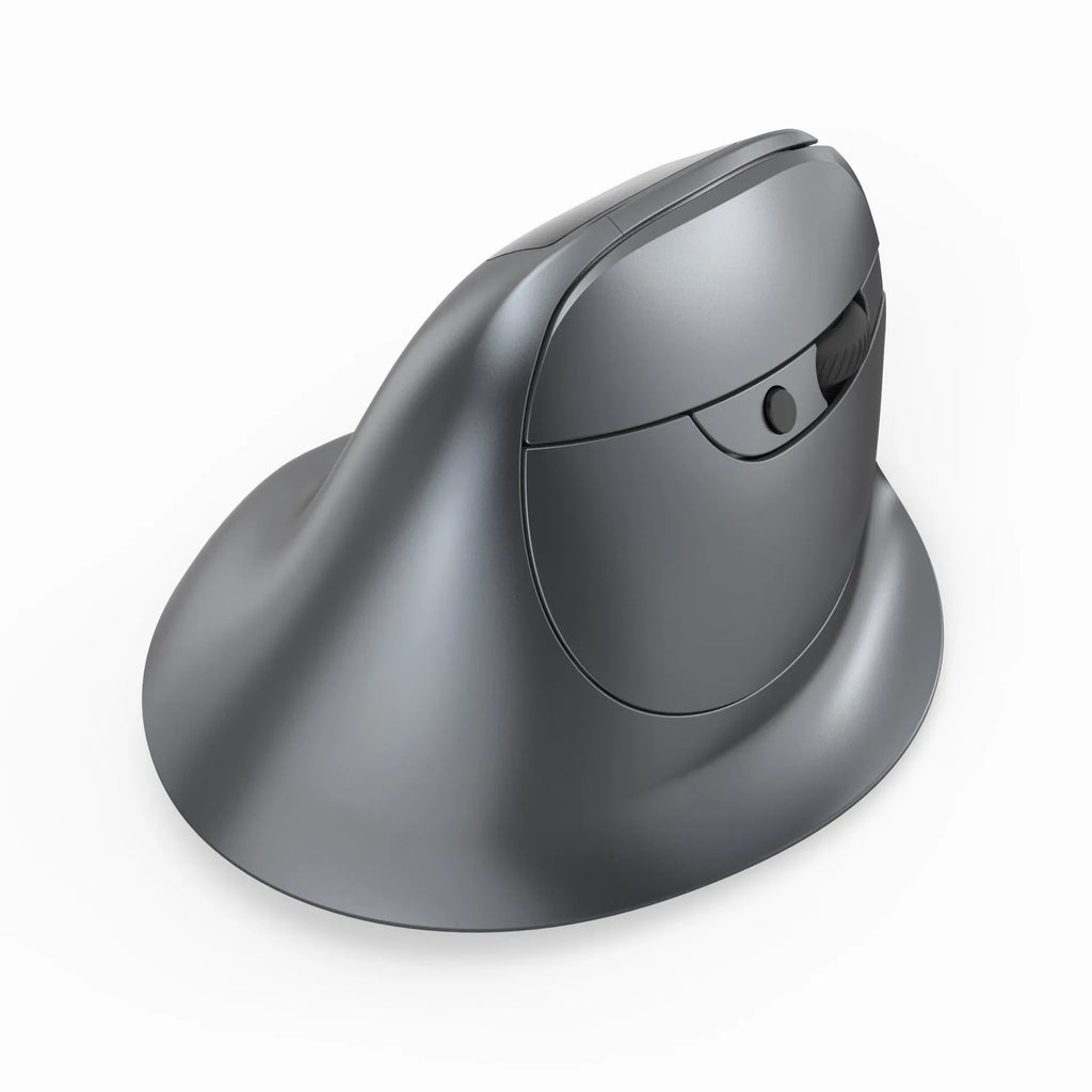 Grey ergonomic vertical wireless mouse with Bluetooth and dual charging.