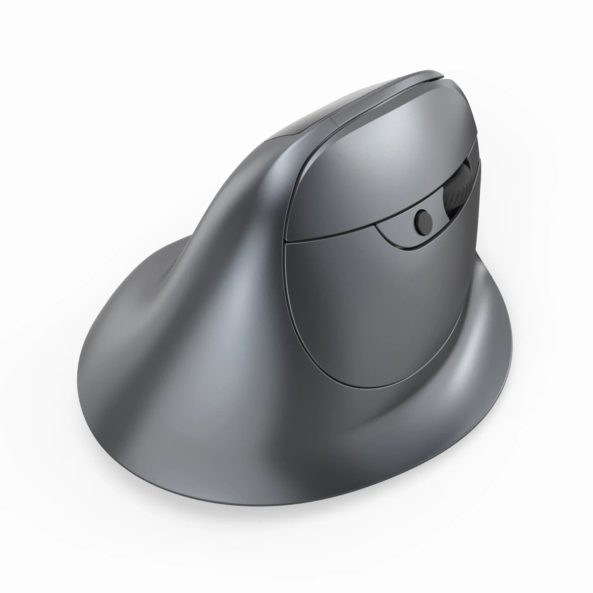 Grey ergonomic vertical wireless mouse with Bluetooth and dual charging.