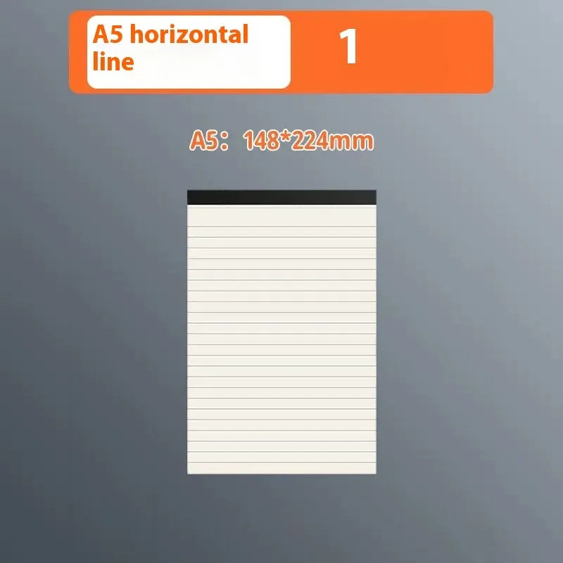 Set of writing pads in A5, B5, and A4 sizes showing blank, grid, and horizontal line page rulings.