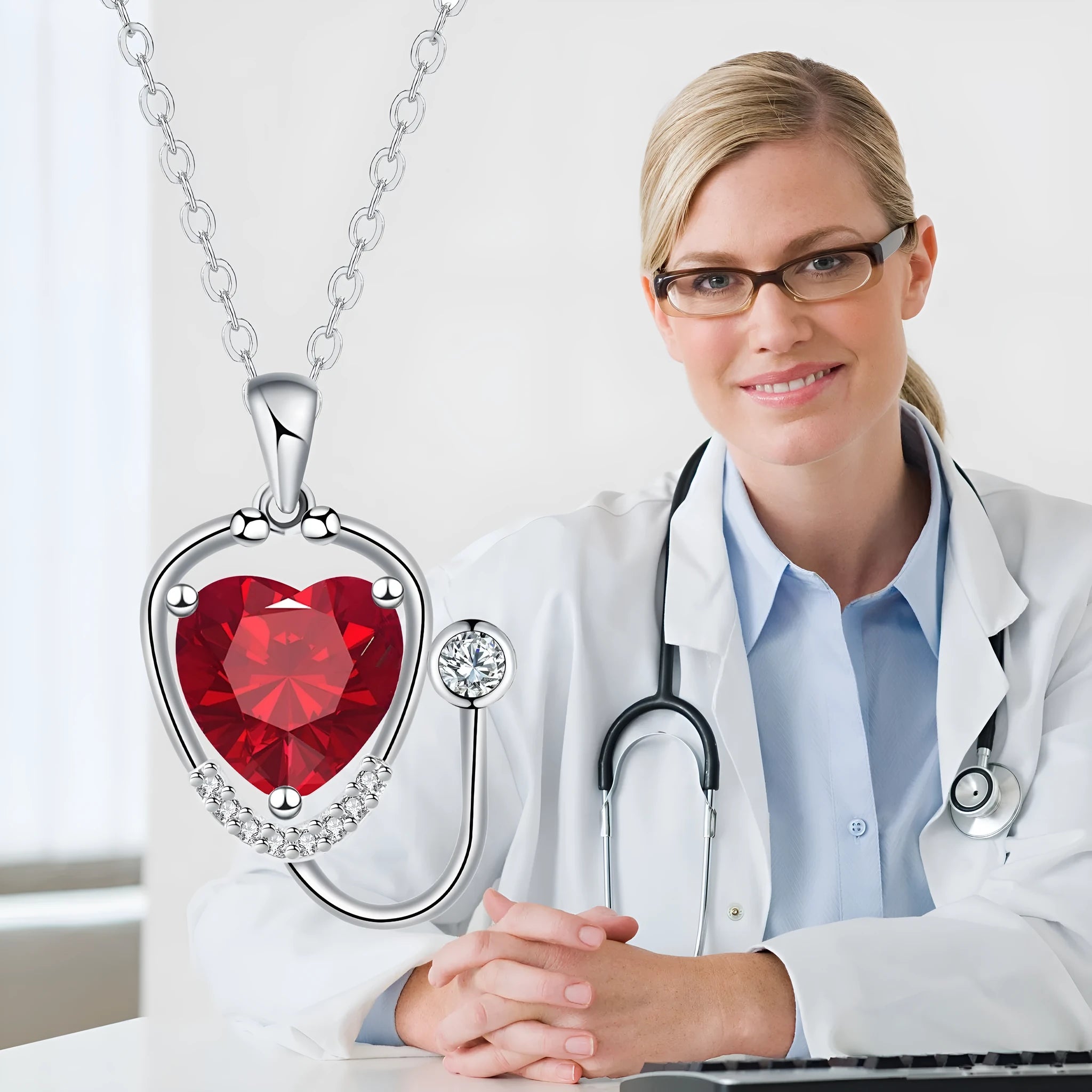 Women's fashion necklace with stethoscope and wing design in red diamond electroplated finish on copper