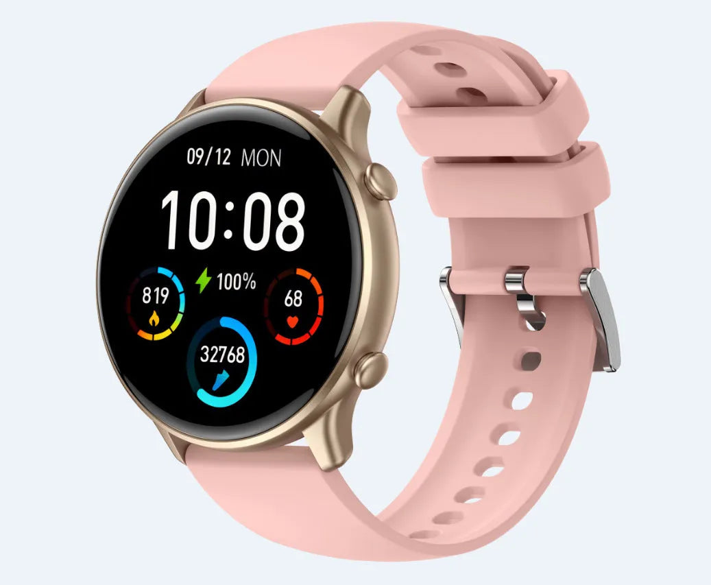 Round smart sports watch with touch screen and silicone strap showing heart rate monitoring display