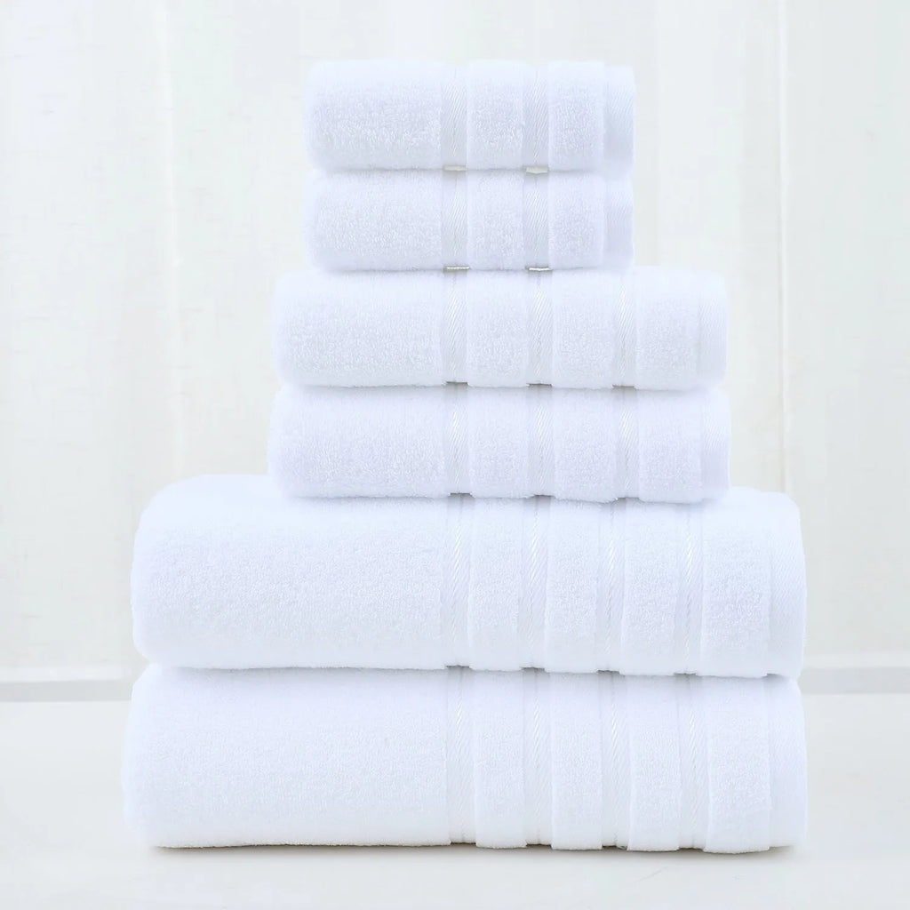 Combed cotton towel six-piece set with twill weave in multiple colours including white, black, and avocado green.