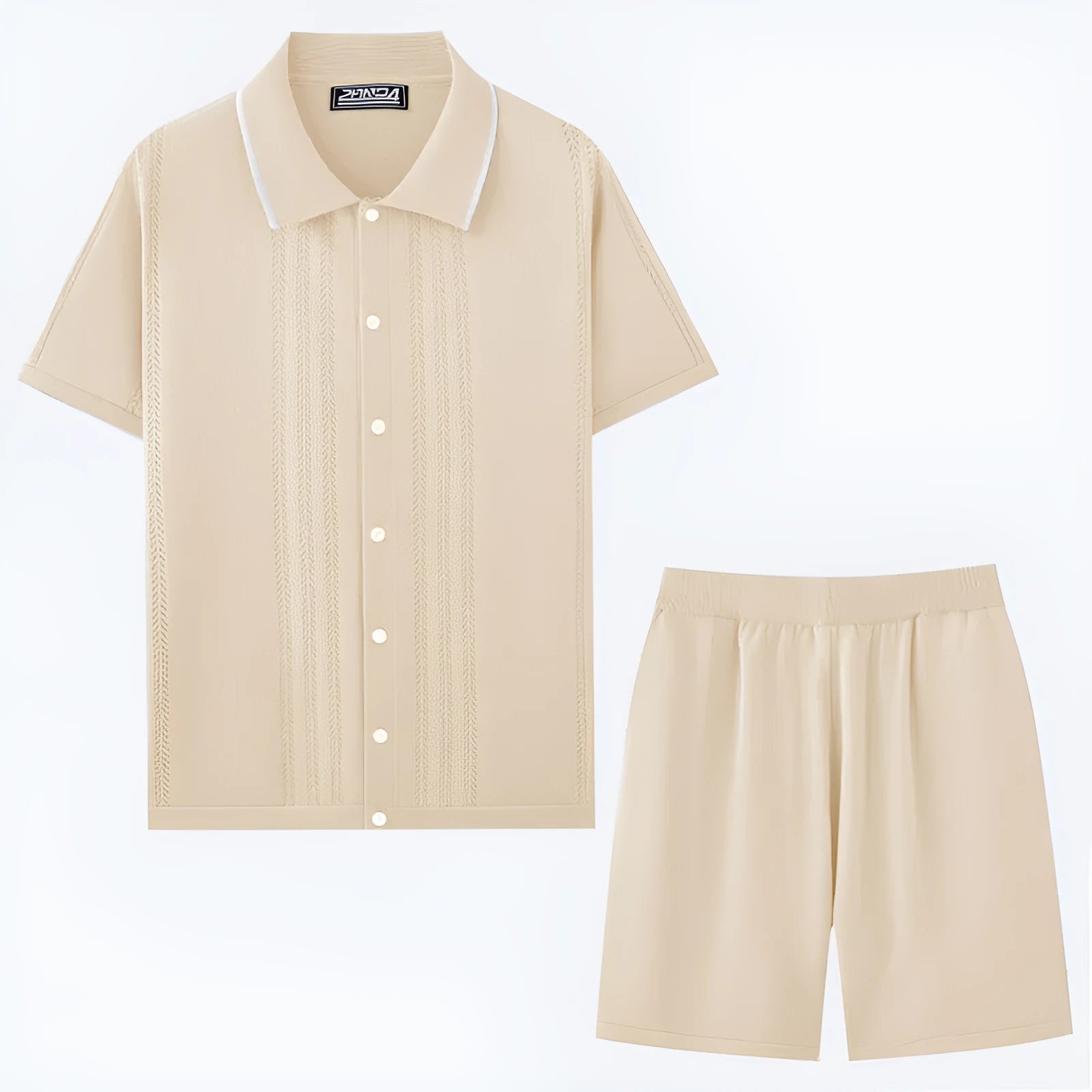 Women's khaki short sleeve sweater and shorts two-piece set laid flat.