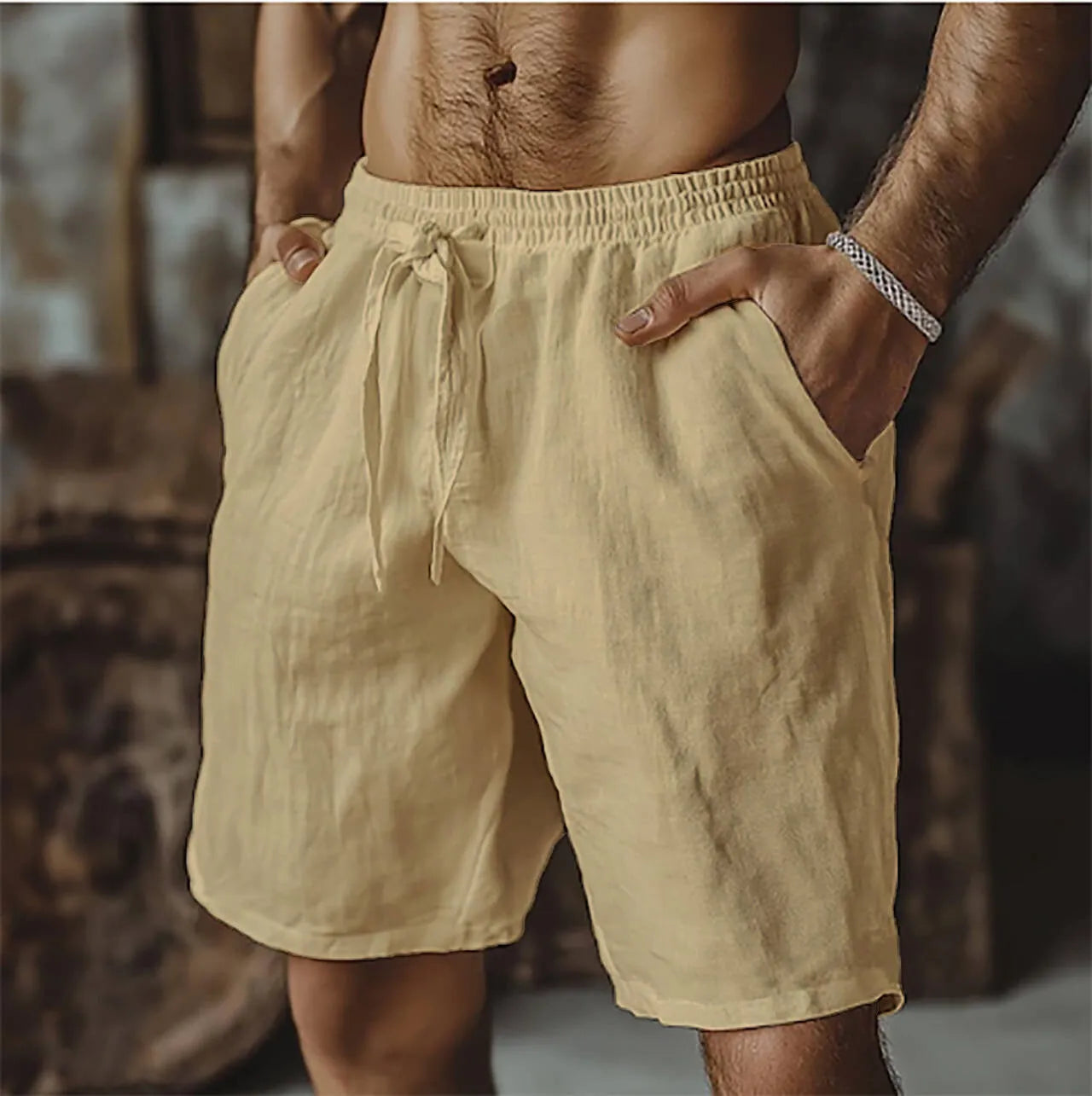 Men's cotton linen blend casual shorts in straight cut British style