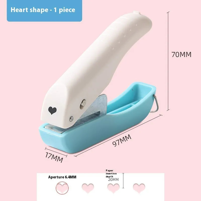Small manual punching machine for creating love heart, star, and round embossed paper shapes.