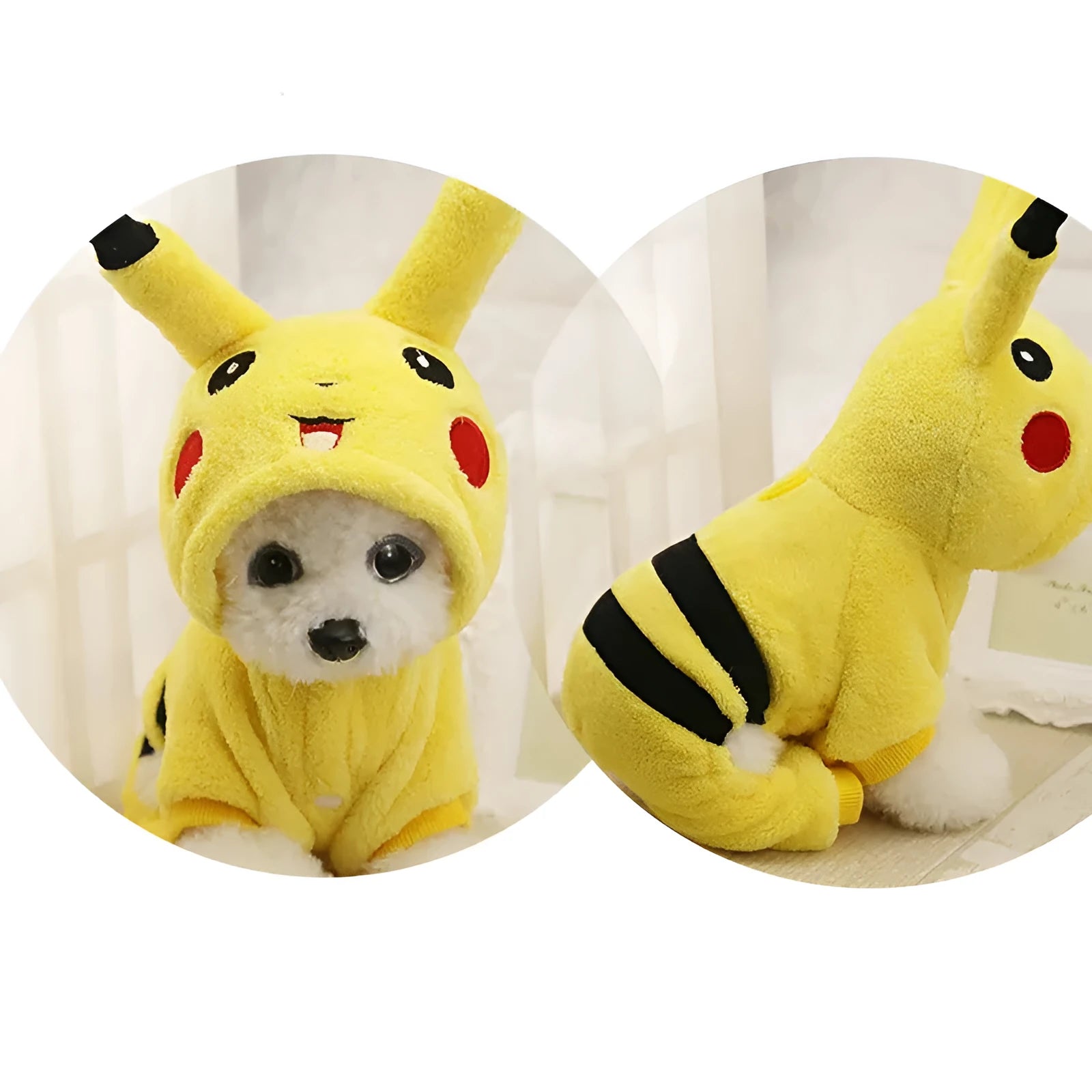 Fleece cat and dog coat with cartoon design on a pet mannequin, showing hoodie style.
