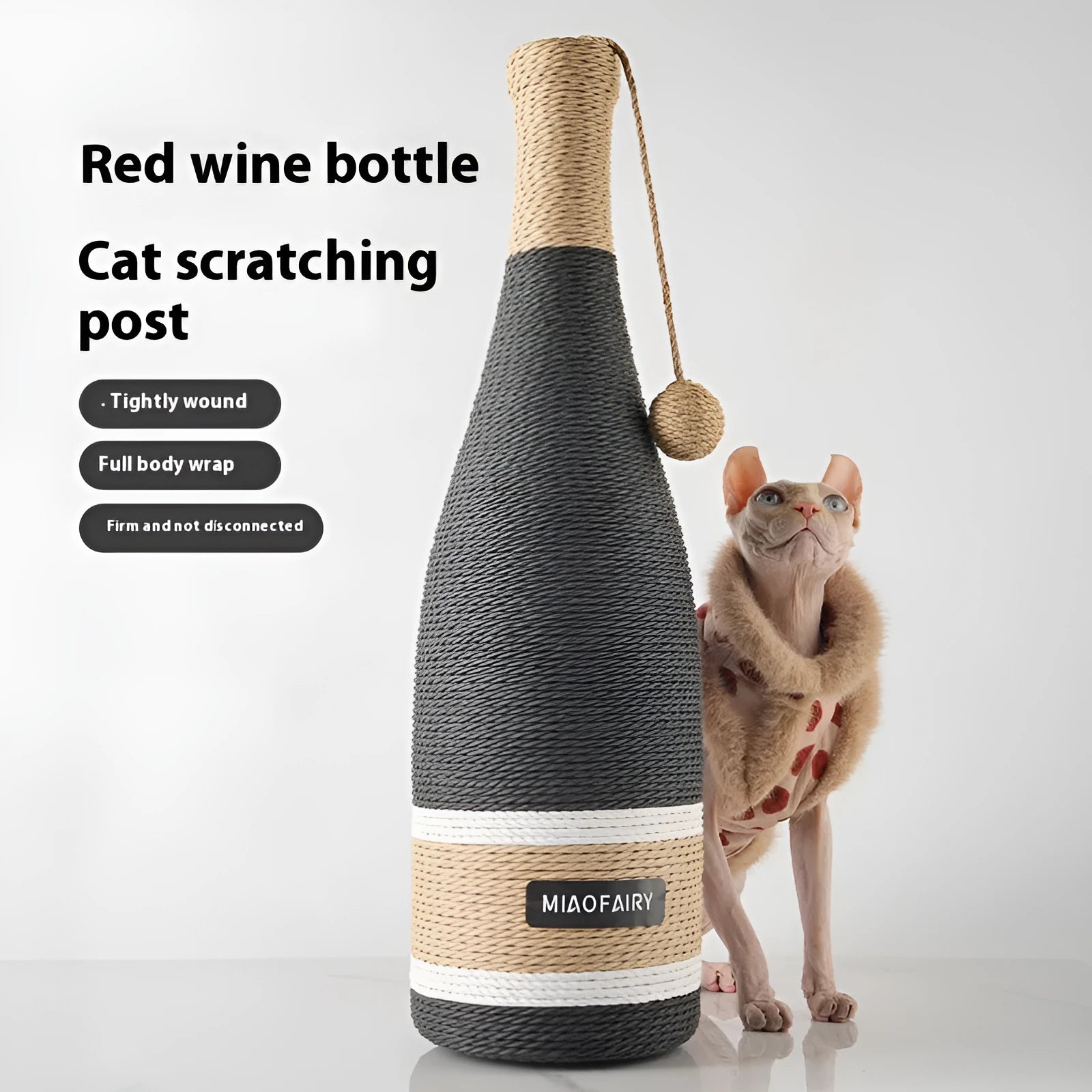 Vertical cat scratching post with suction cup base, 16x16x60cm, hemp rope texture, includes cat teaser toy