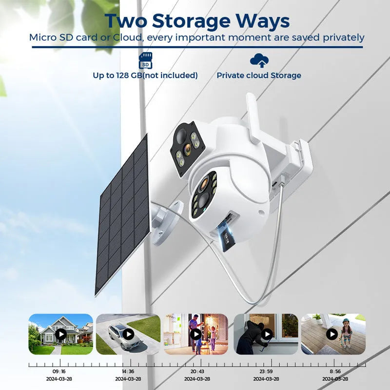 Outdoor solar-powered wireless wifi security camera with 4MP HD sensor and attached solar panel on a wall mount.