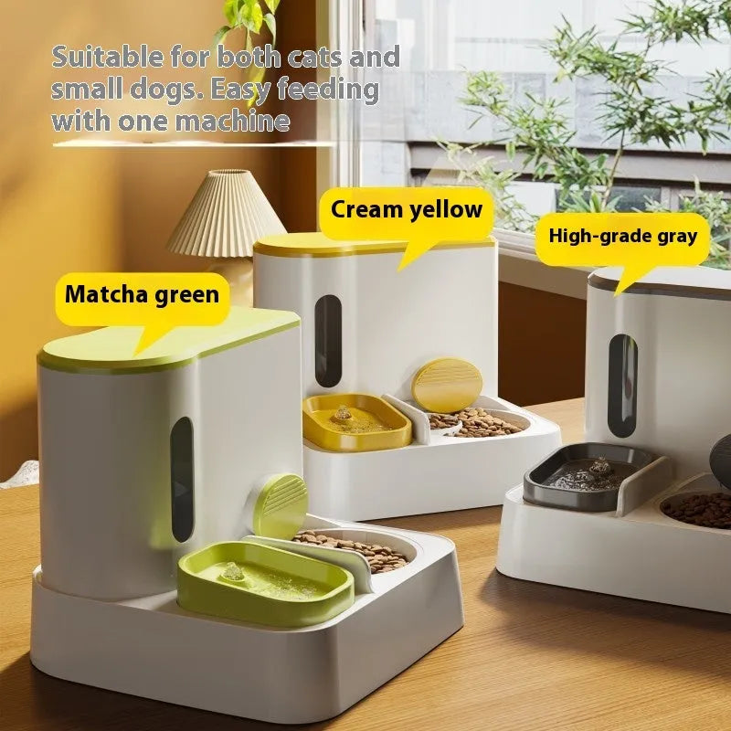 Grey automatic cat feeder and water dispenser unit with integrated double bowls