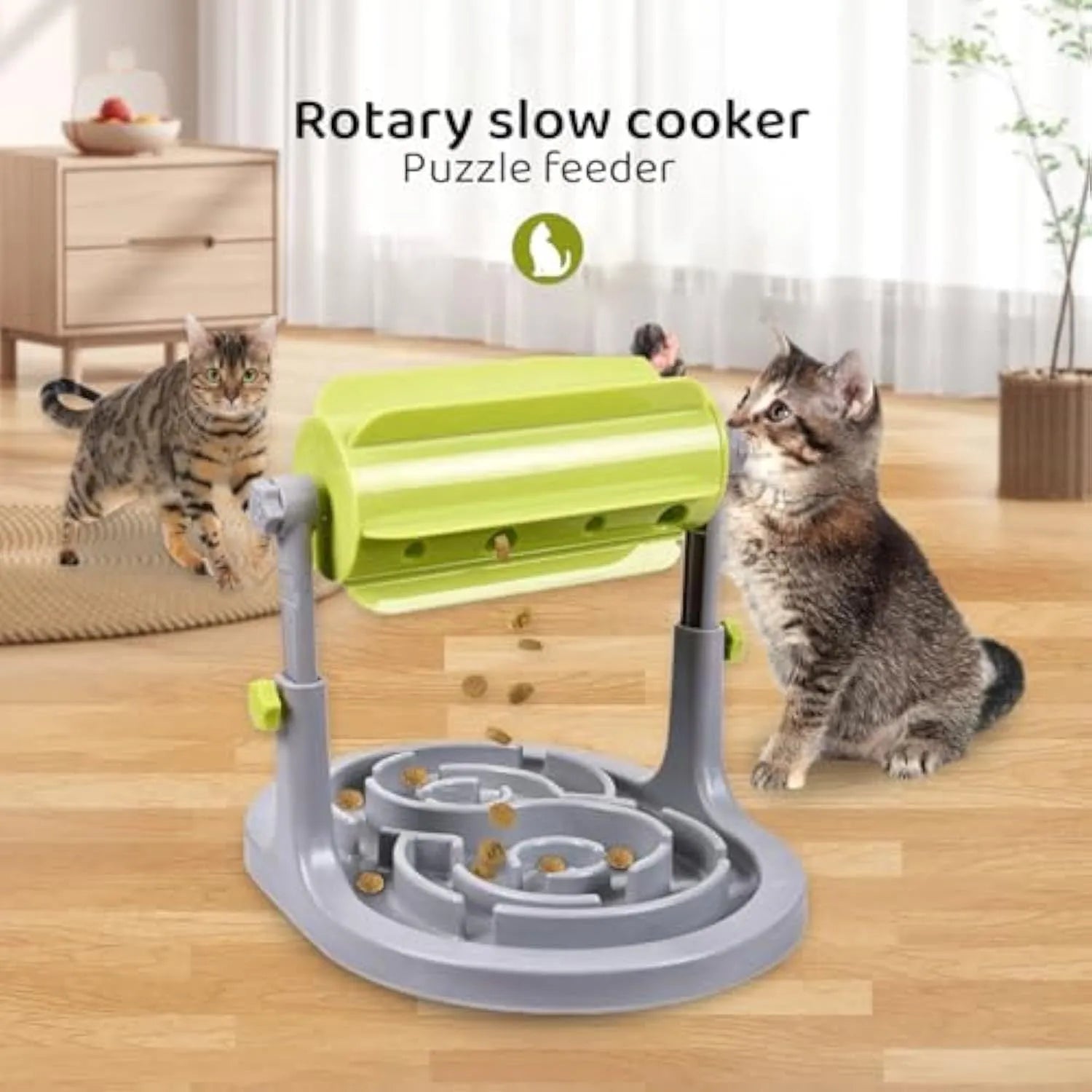 Blue interactive pet puzzle feeder bowl with adjustable height mechanism and raised patterns