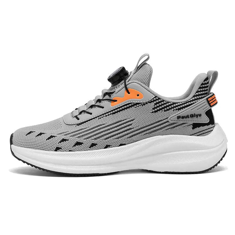 Men's white and green low-top sports shoe with rotating buckle and mesh upper on a flat TPU sole.