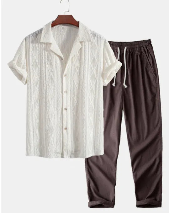 Slim fit camouflage print short-sleeve shirt and trousers casual suit set