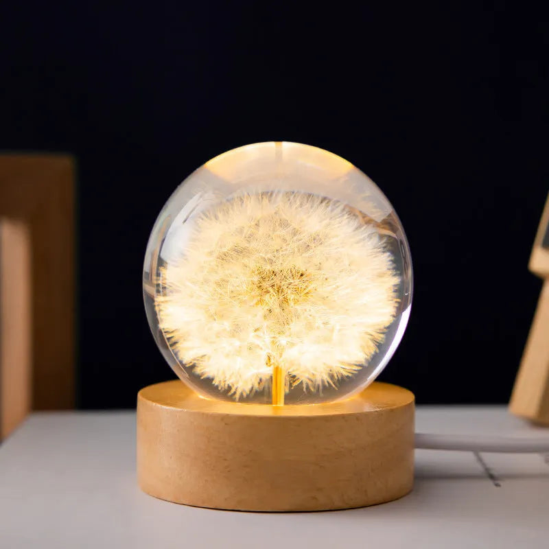 Luminous 3D dandelion crystal ball on beech wood stand with USB cable for desktop decoration