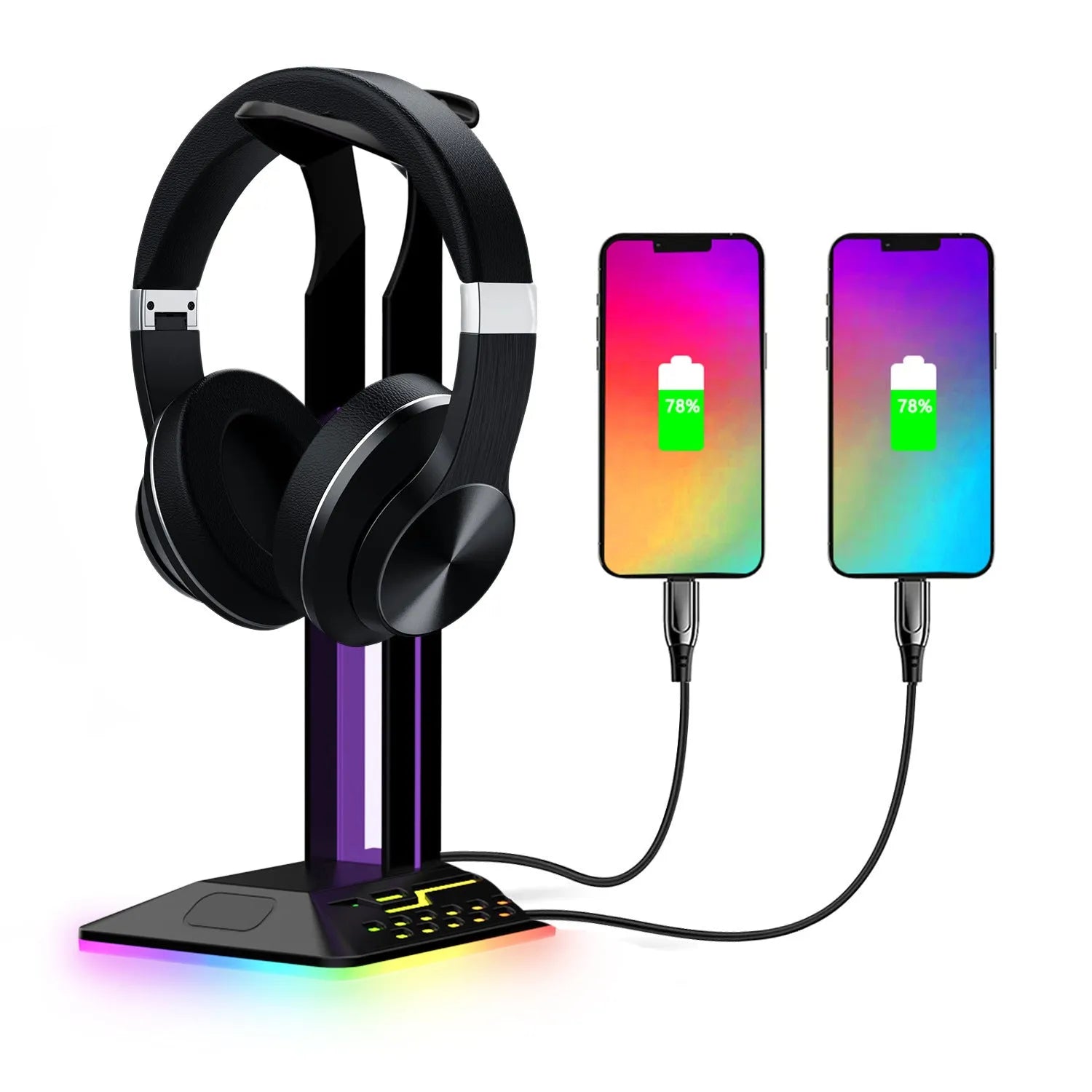 RGB headset display rack with dual USB charging ports and colour-changing acrylic side panels