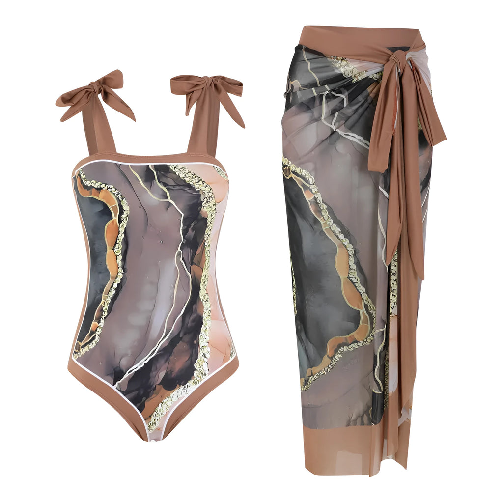 Floral print mesh tube top one-piece swimsuit with matching detachable skirt in brown, pink or black printing