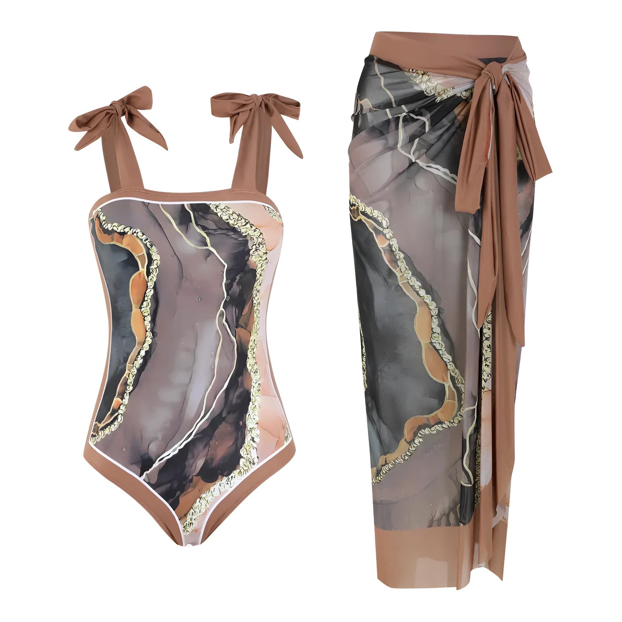 Floral print mesh tube top one-piece swimsuit with matching detachable skirt in brown, pink or black printing