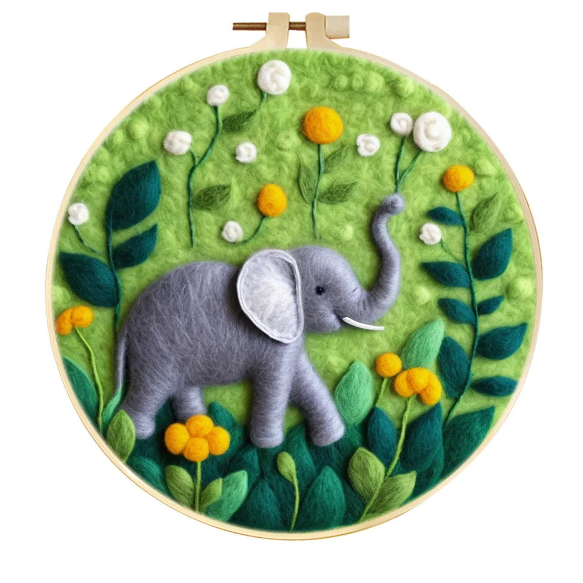 Round linen embroidery kit with wool felt pieces for 3D flowers and leaves, includes a free frame.