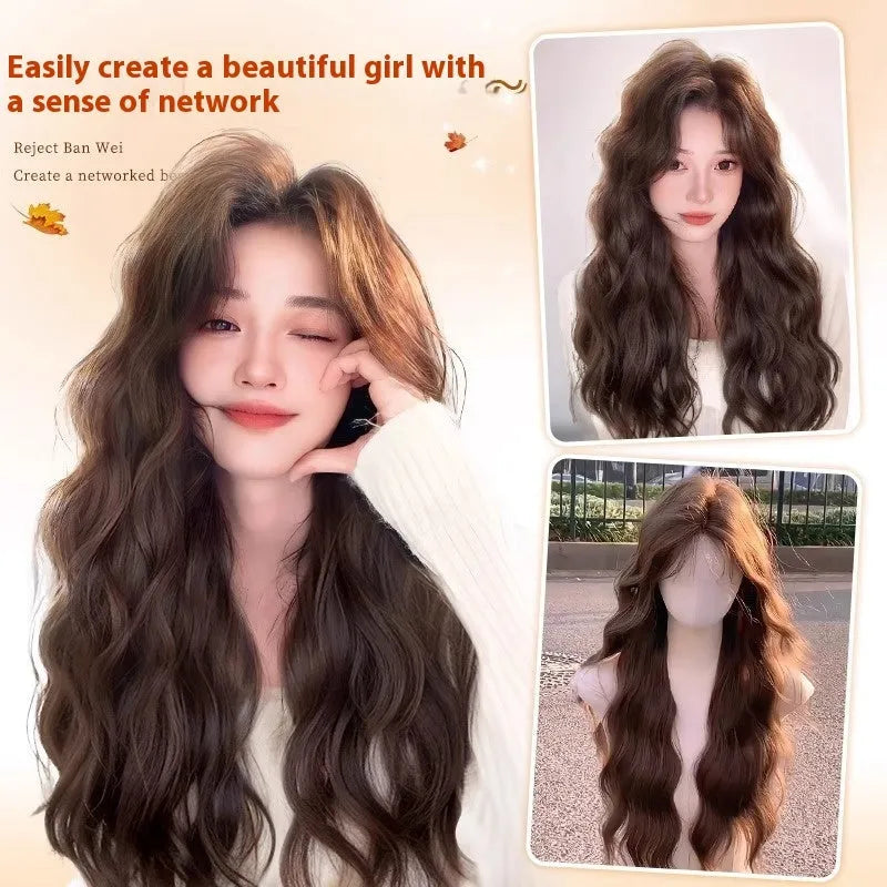 Full-head long curly synthetic wig with side bangs in cold brown colour.