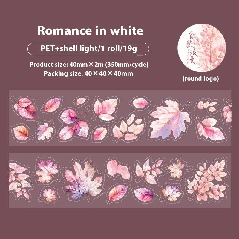 Roll of Deciduous Poetry Series 40mm wide decorative PET stickers showing six leaf designs including ginkgo and maple.