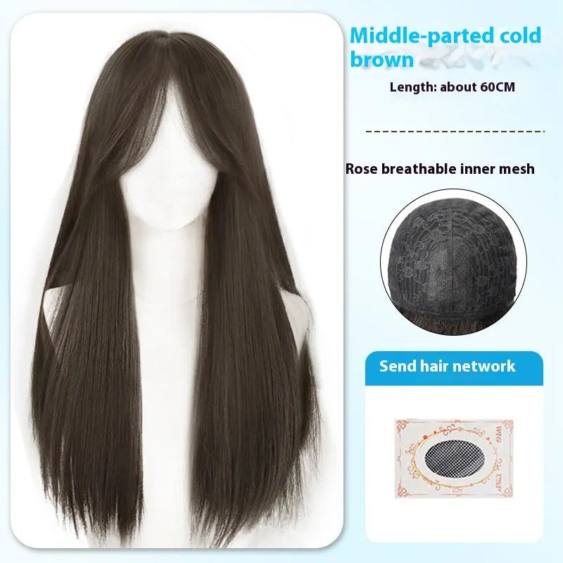 Long straight synthetic wig on a stand, shown in black colour with a full fringe.