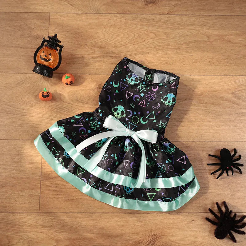 Halloween dog skirt with colourful pumpkin or skull print in polyester fabric