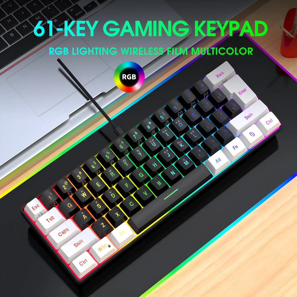 White and black wired 61 key membrane keyboard with compact design and USB cable