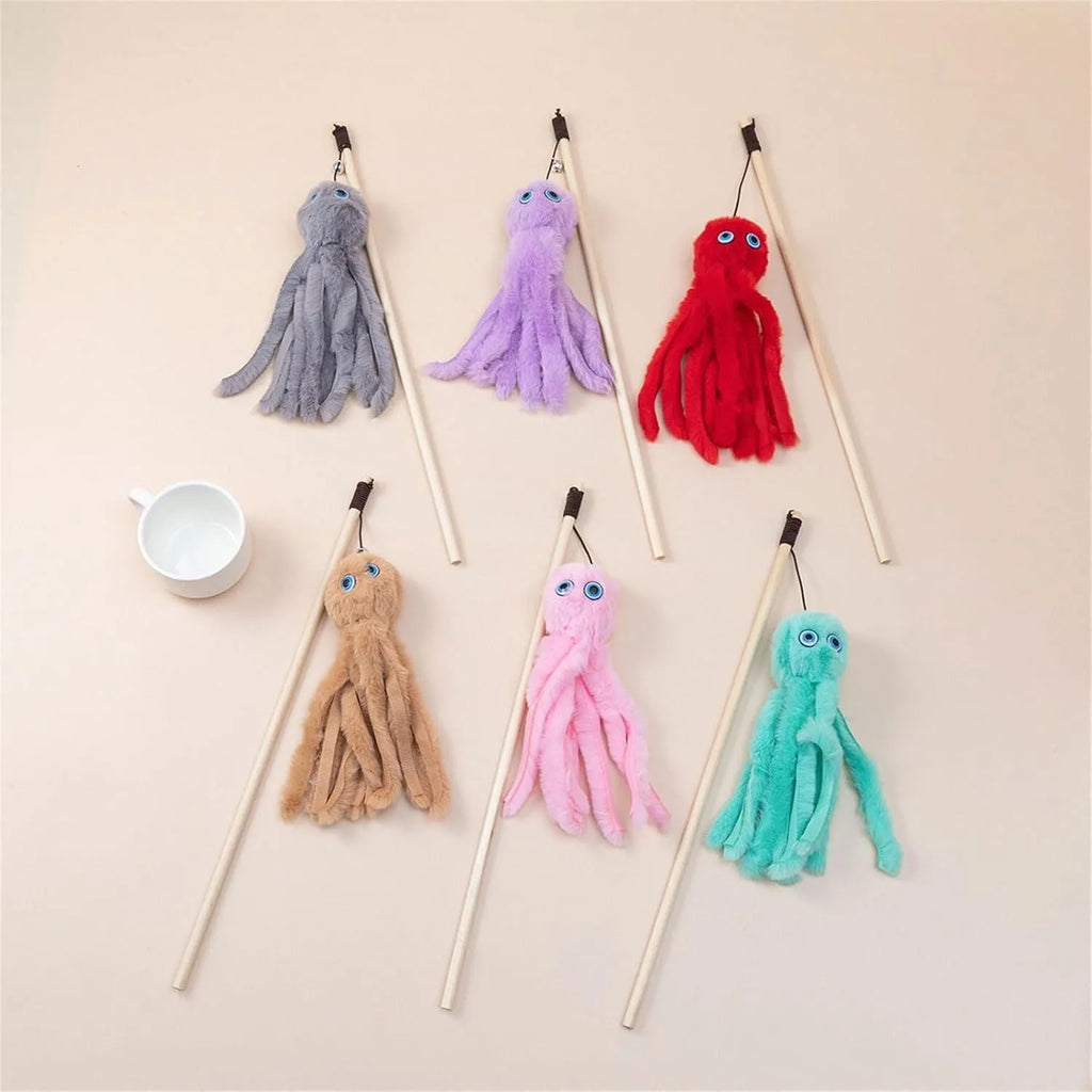 Octopus-themed cat toy on a long stick with bright colours, for interactive indoor play with kittens.