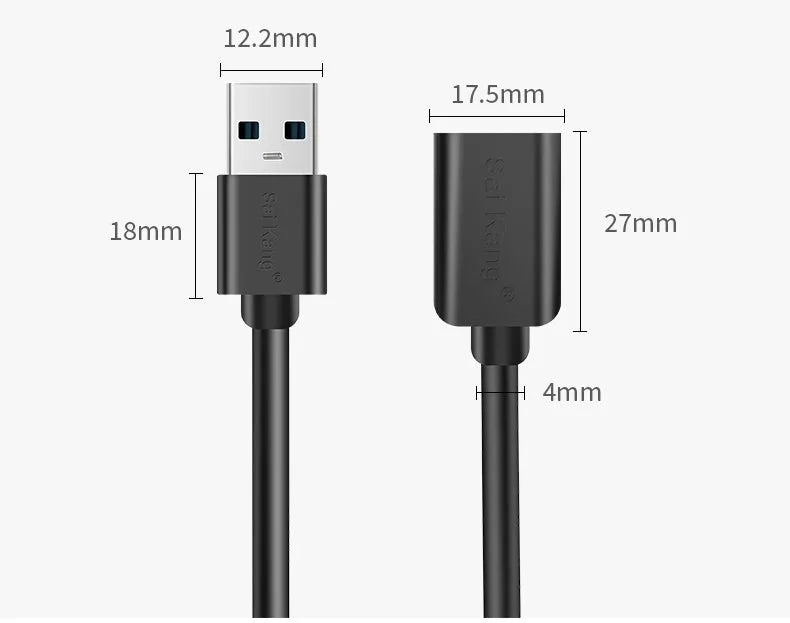 Black USB extension cable with male and female connectors showing length options from 1 to 5 metres