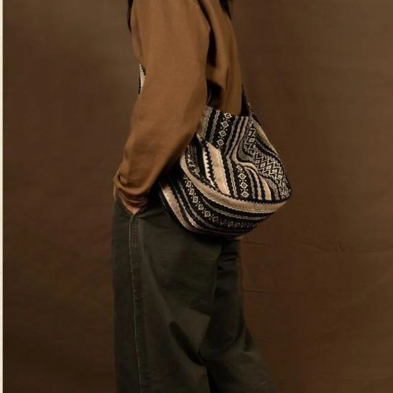 Corduroy vintage striped messenger bag with adjustable shoulder strap and zip closure