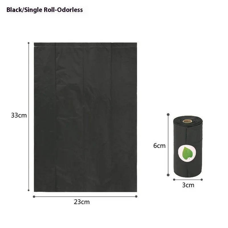 Rolls of green, black, blue, purple and orange degradable pet poo bags with a portable dispenser