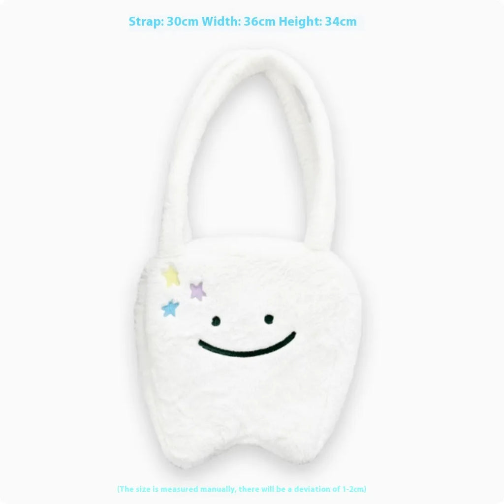 Plush large tooth shoulder tote bag with cute teeth pattern and zipper closure