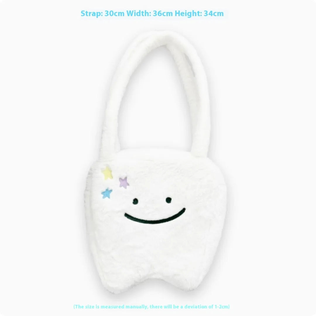 Plush large tooth shoulder tote bag with cute teeth pattern and zipper closure
