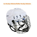 Ice hockey helmet with a carbon steel face mask, shown in size S, M, L, or XL.