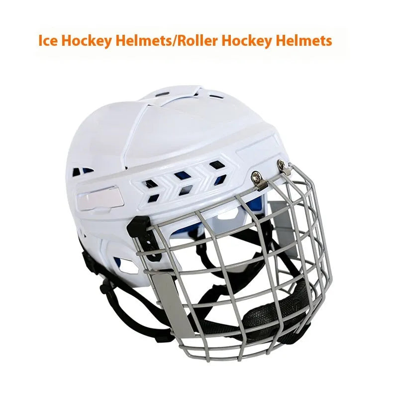 Ice hockey helmet with a carbon steel face mask, shown in size S, M, L, or XL.