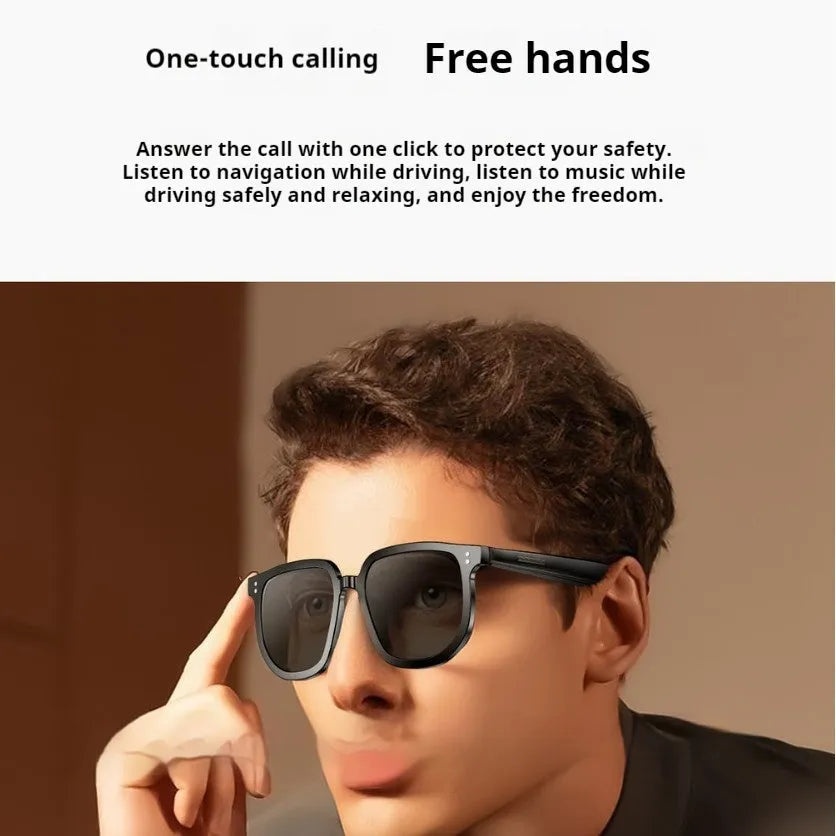 Black AI smart glasses with Bluetooth, touch controls, and UV protection lenses.