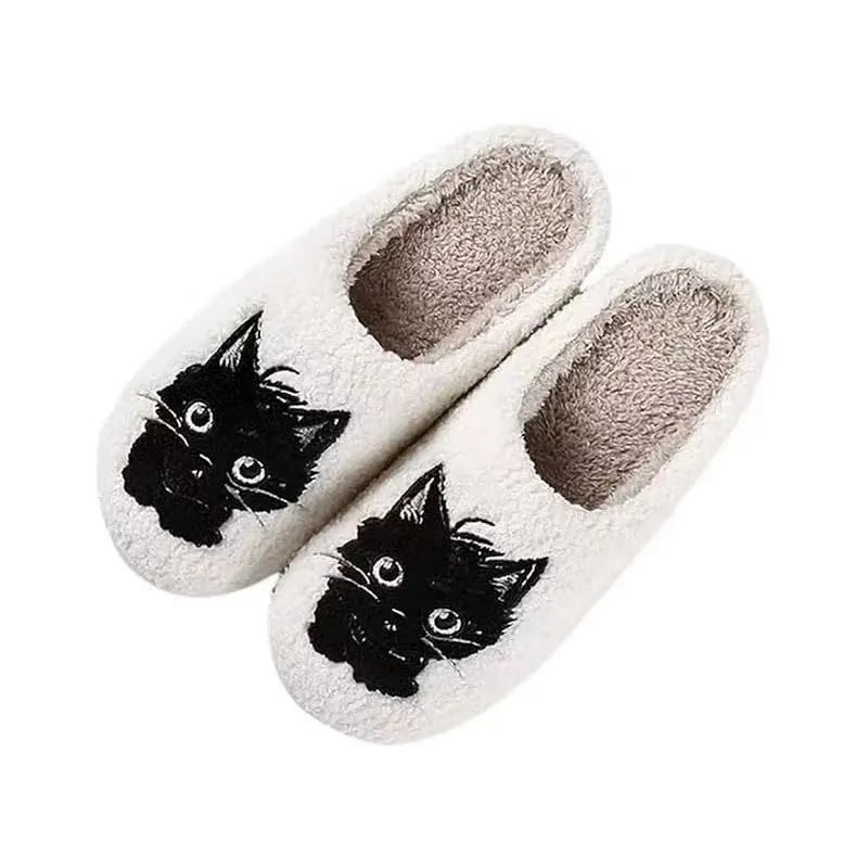 White plush cotton couple slippers with black cat cartoon design and non-slip TPR soles