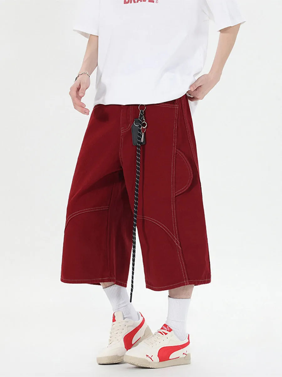 Retro denim workwear shorts with multiple pockets in wide leg cropped design