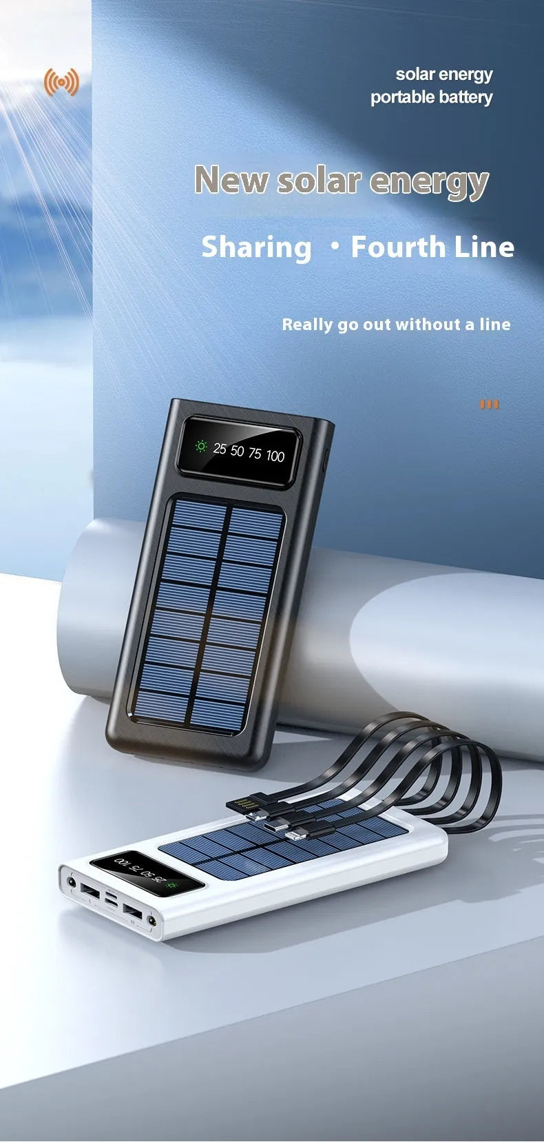 Solar power bank with integrated cables showing black plastic shell and solar panel