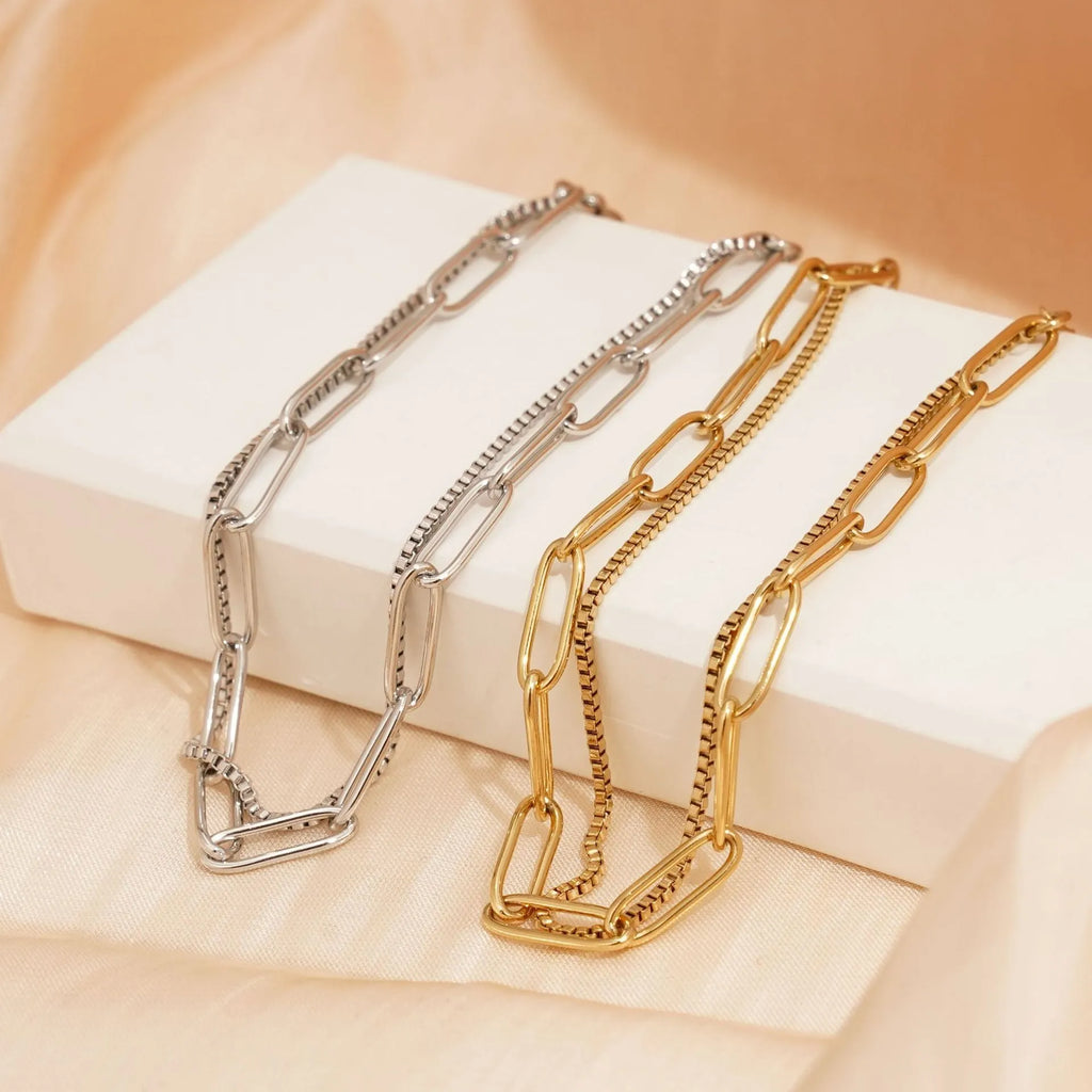 Geometric women's bracelet with double layer twin titanium steel design and electroplated gold or silver finish